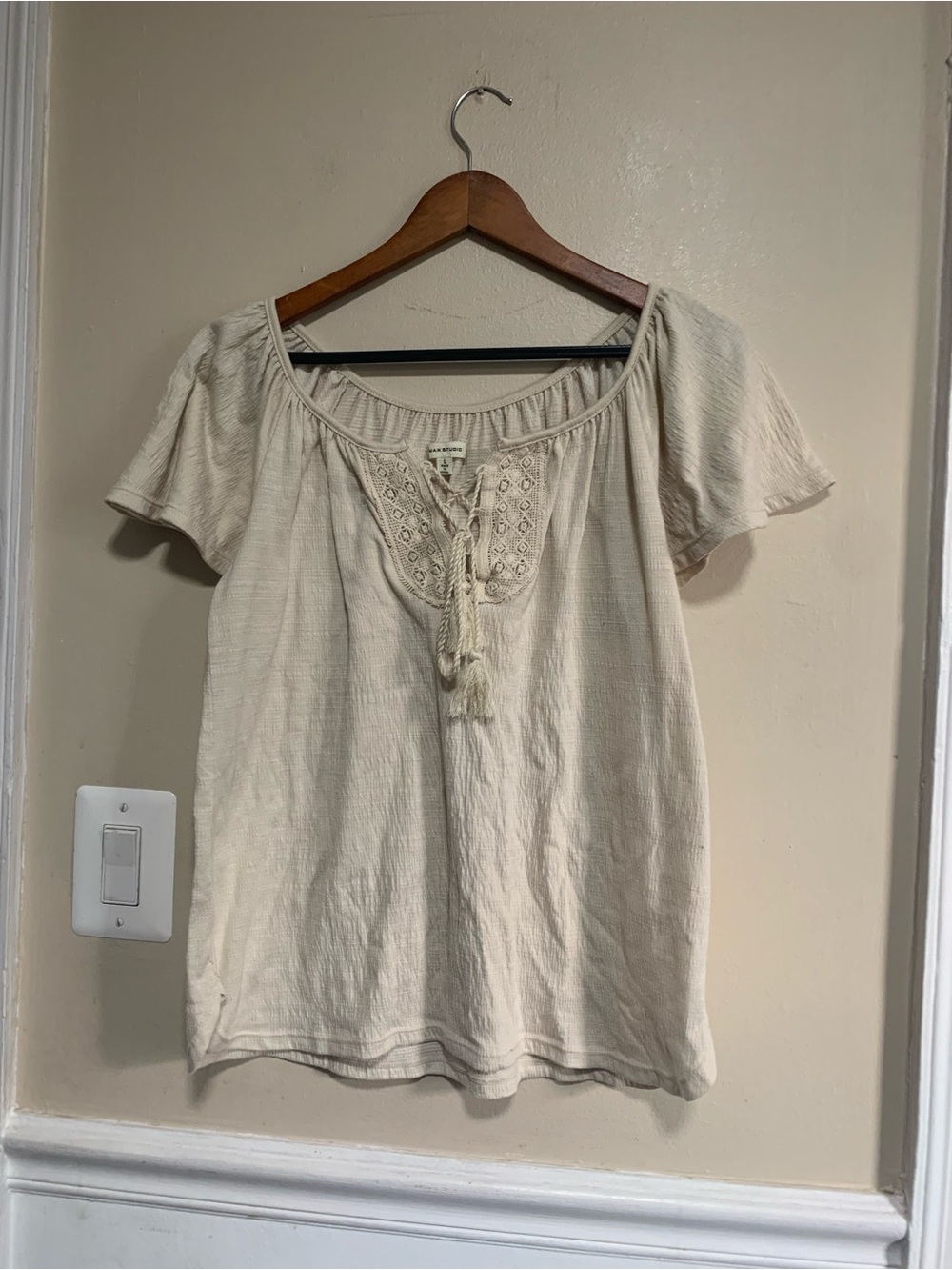 Max Studio Cream Embroidered Tie-Front Peasant Top